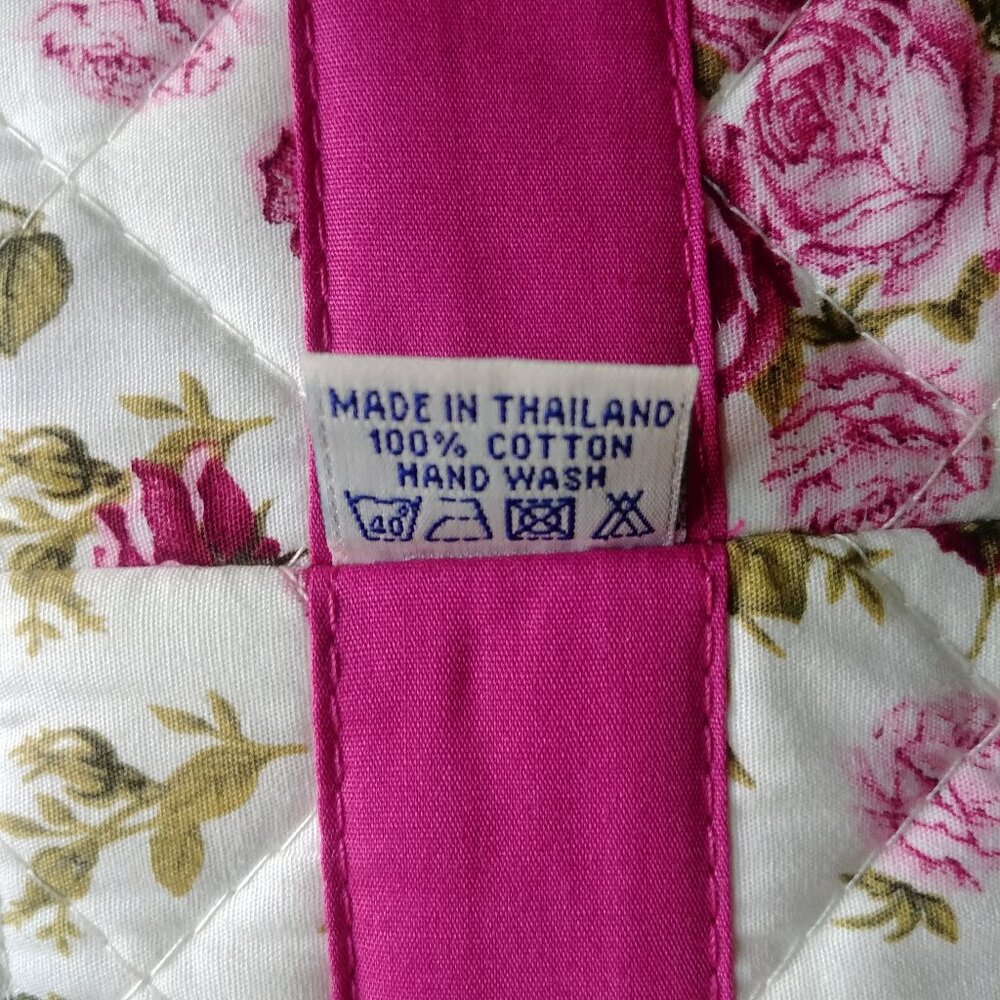 100% cotton white with pink and green floral pattern tote bag - Picture 9 of 13